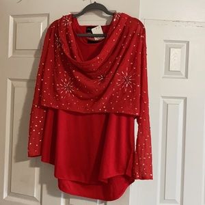 New Red Colleen Lopez 2 pc top w/beaded sheer cover -L